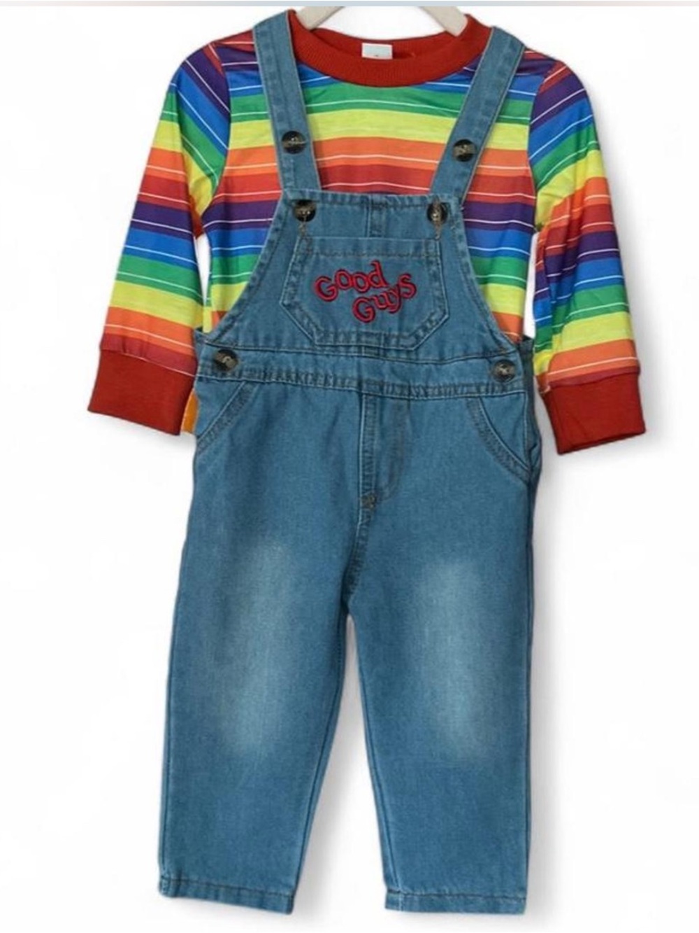 Baby Chucky Good Guys Costume 9-12M Rainbow Shirt Denim Overalls Halloween